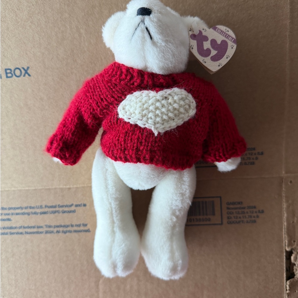 Vintage Ty Beanie Baby White Bear with Red Heart Sweater - Picture 3 of 7